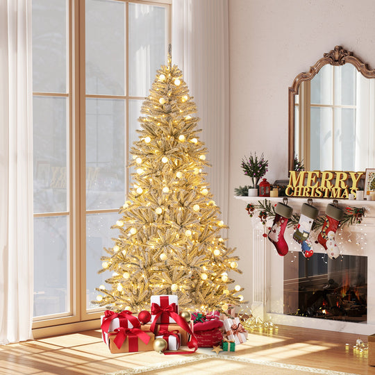 6 Feet Snow-flocked Artificial Christmas Tree Pre-lit Hinged with 81 Sphere Lights and Remote