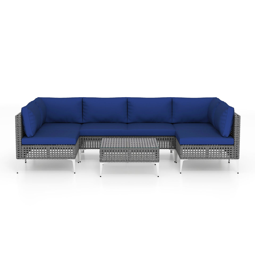7 Piece Outdoor Furniture Set Wicker Chairs with Tempered Glass Coffee Table-Navy