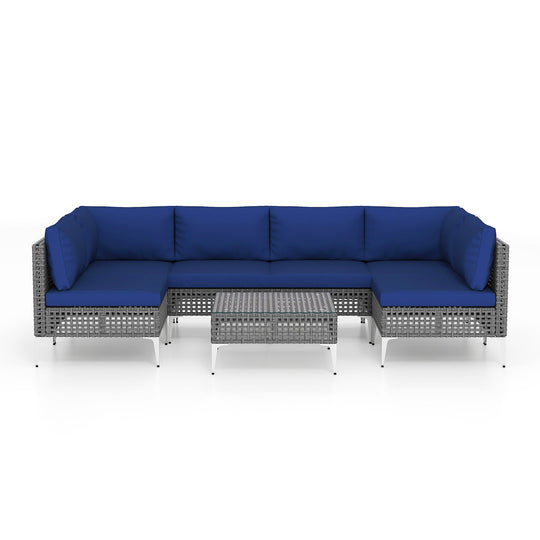 7 Piece Outdoor Furniture Set Wicker Chairs with Tempered Glass Coffee Table-Navy