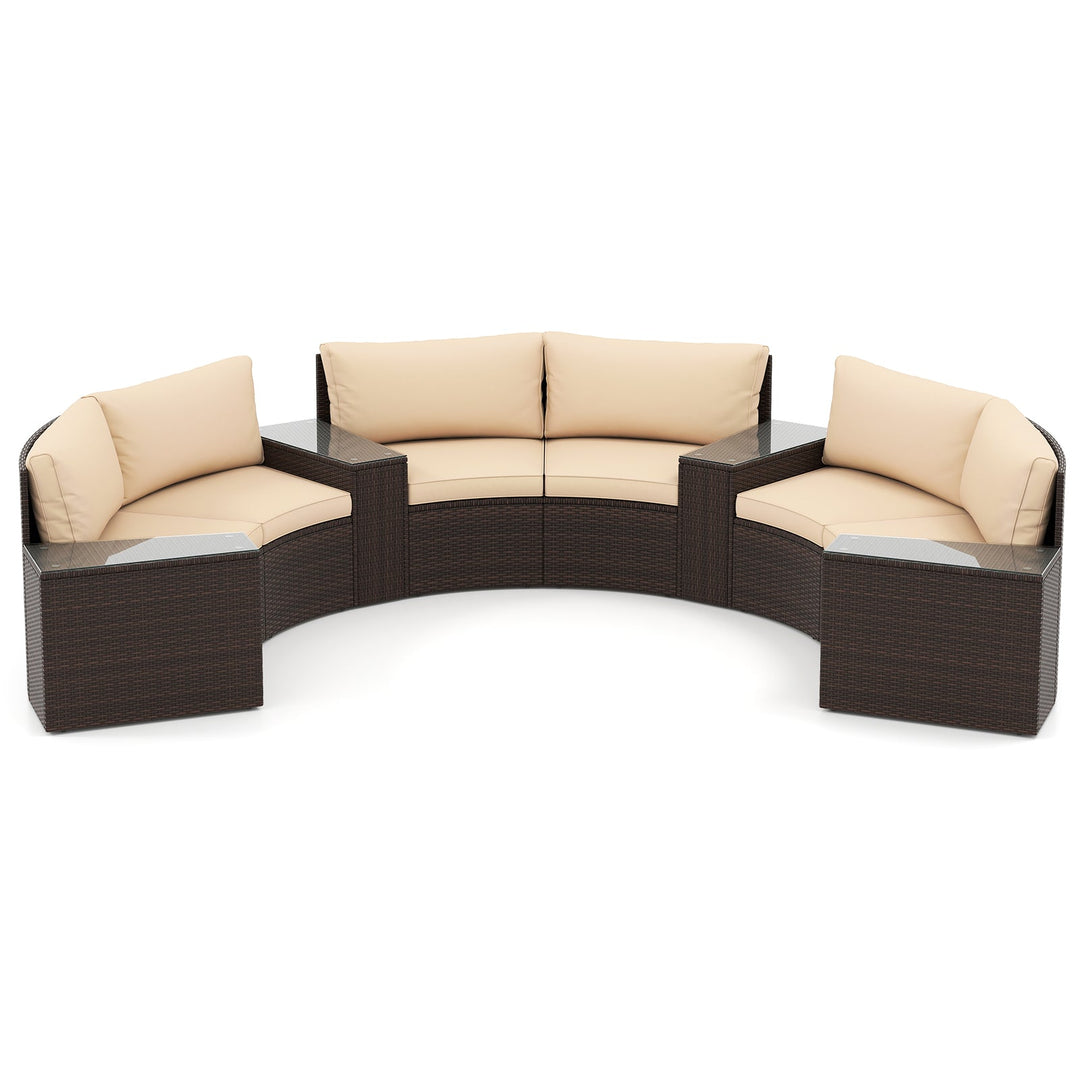 7 Pieces Patio Furniture Set PE Rattan Half-Moon Curved Sofas with Side Tables-Brown