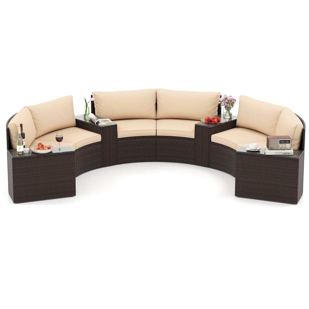 7 Pieces Patio Furniture Set PE Rattan Half-Moon Curved Sofas with Side Tables-Brown