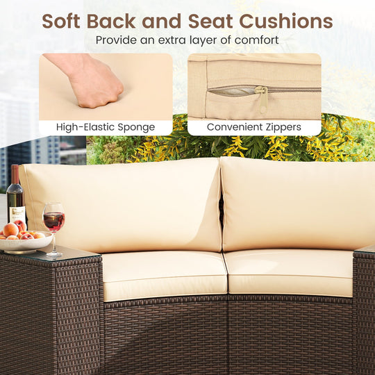 7 Pieces Patio Furniture Set PE Rattan Half-Moon Curved Sofas with Side Tables-Brown