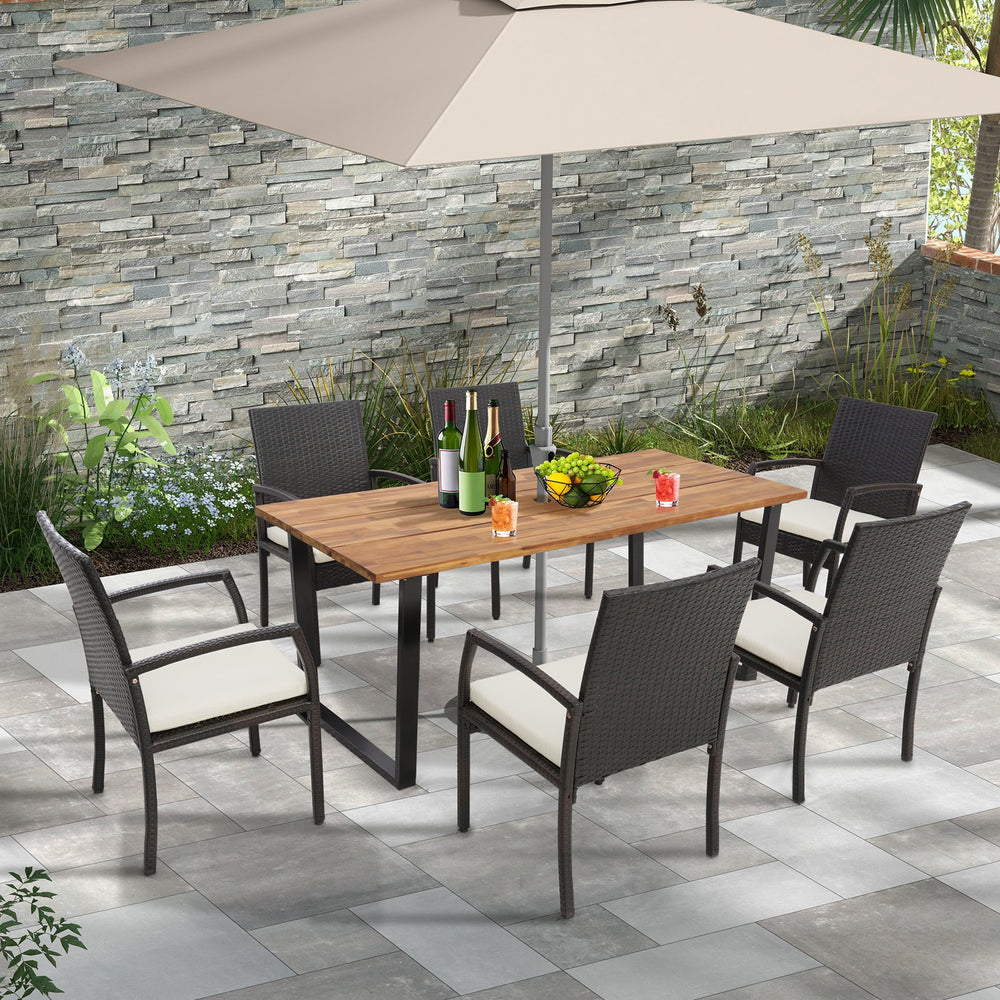 7 Pieces Patio Rattan Dining Set with Umbrella Hole-L