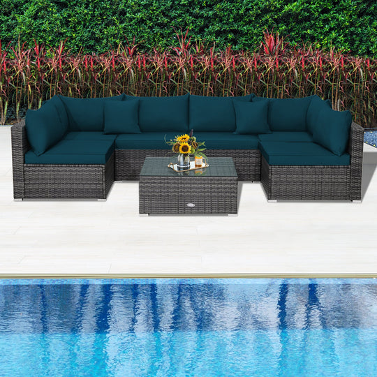 7 Pieces Patio Rattan Furniture Set Sectional Sofa Garden Cushion