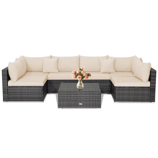 7 Pieces Patio Rattan Furniture Set Sectional Sofa Garden Cushion