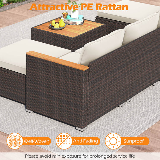 7 Pieces Wicker Conversation Set with Wood Armrests for Backyard-White