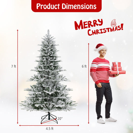 7 Feet Snow Flocked Artificial Christmas Tree with Cool White LED Lights