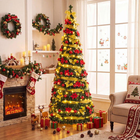 6 ft Pop Up 8 Lighting Modes Christmas Tree with Satin Ribbon and 50 Christmas Balls