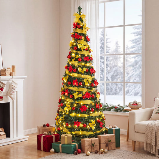 6 ft Pop Up 8 Lighting Modes Christmas Tree with Satin Ribbon and 50 Christmas Balls
