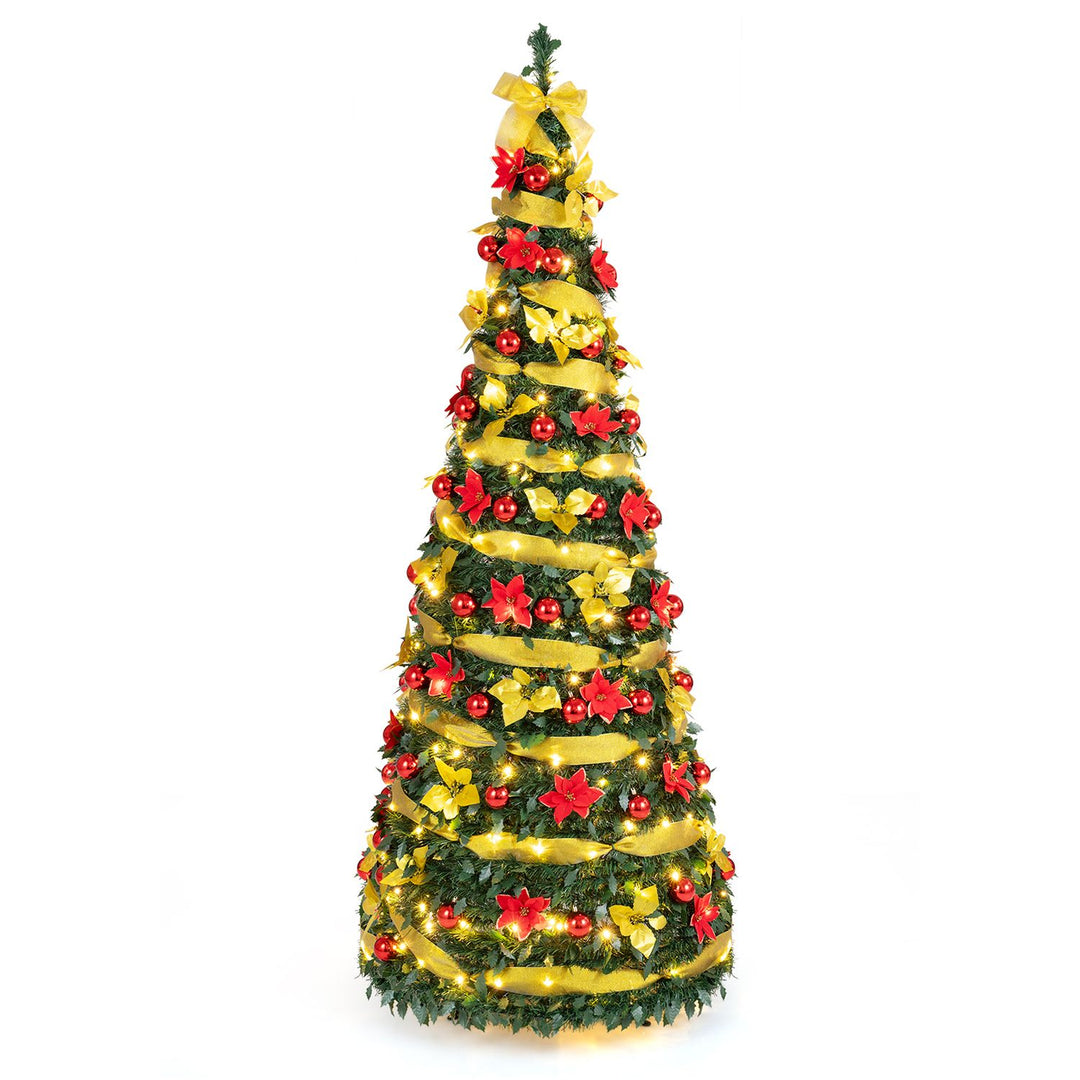 6 ft Pop Up 8 Lighting Modes Christmas Tree with Satin Ribbon and 50 Christmas Balls