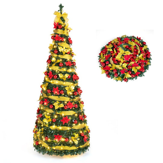 6 ft Pop Up 8 Lighting Modes Christmas Tree with Satin Ribbon and 50 Christmas Balls