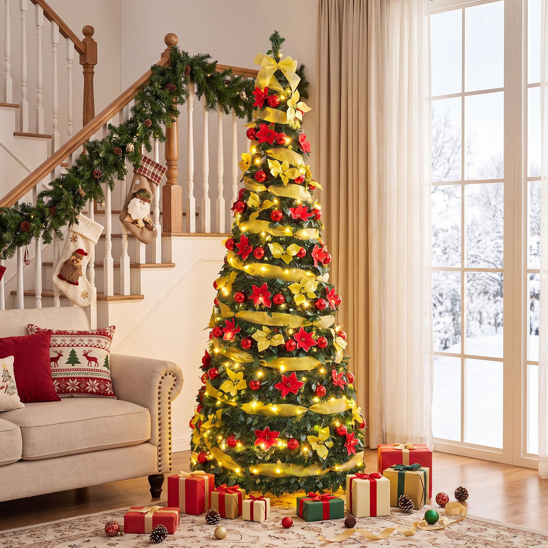 6 ft Pop Up 8 Lighting Modes Christmas Tree with Satin Ribbon and 50 Christmas Balls