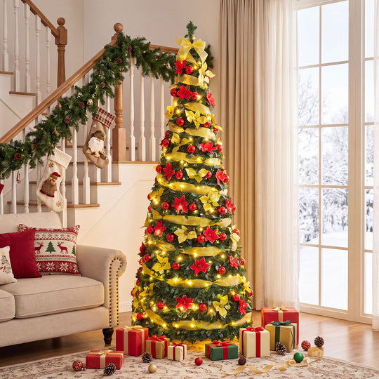 6 ft Pop Up 8 Lighting Modes Christmas Tree with Satin Ribbon and 50 Christmas Balls