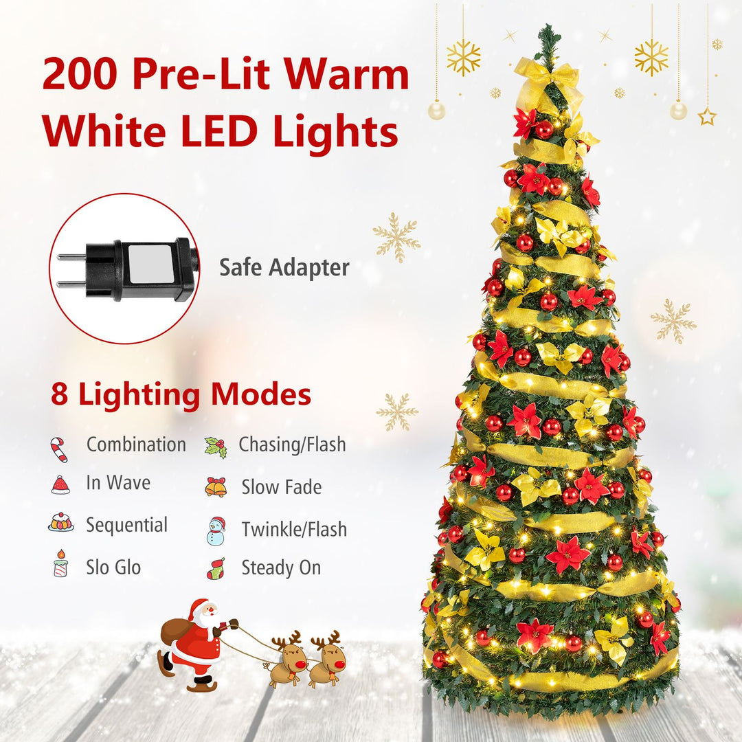 6 ft Pop Up 8 Lighting Modes Christmas Tree with Satin Ribbon and 50 Christmas Balls
