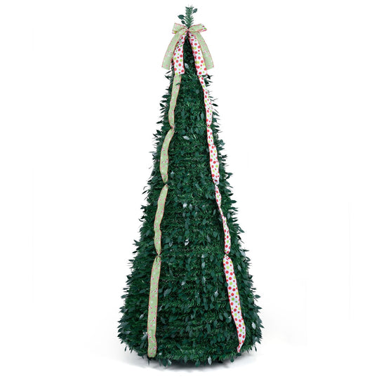 6 ft Pop Up Christmas Tree with PVC Holly Leaves 4 Festive Satin Ribbons and Top Christmas Bow