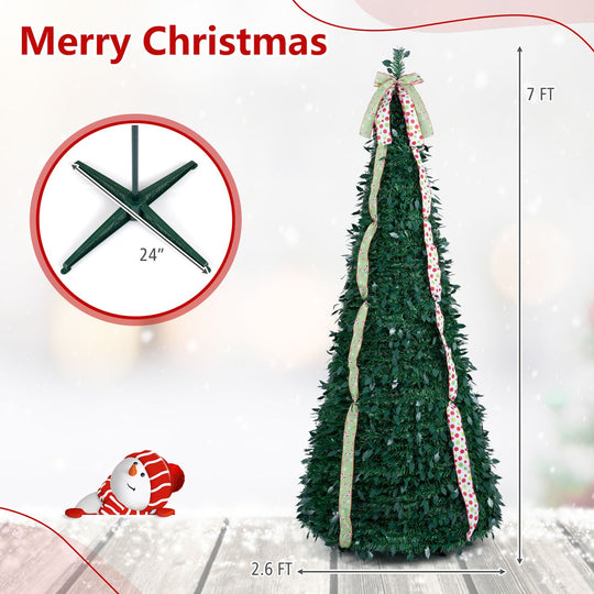6 ft Pop Up Christmas Tree with PVC Holly Leaves 4 Festive Satin Ribbons and Top Christmas Bow