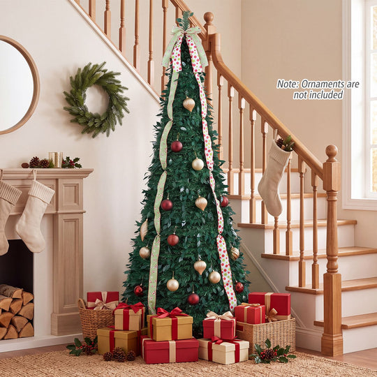 6 ft Pop Up Christmas Tree with PVC Holly Leaves 4 Festive Satin Ribbons and Top Christmas Bow