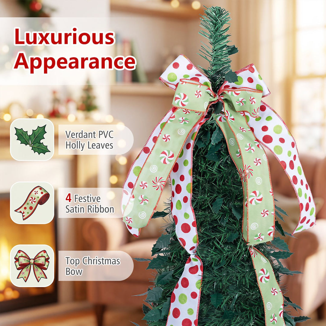 6 ft Pop Up Christmas Tree with PVC Holly Leaves 4 Festive Satin Ribbons and Top Christmas Bow
