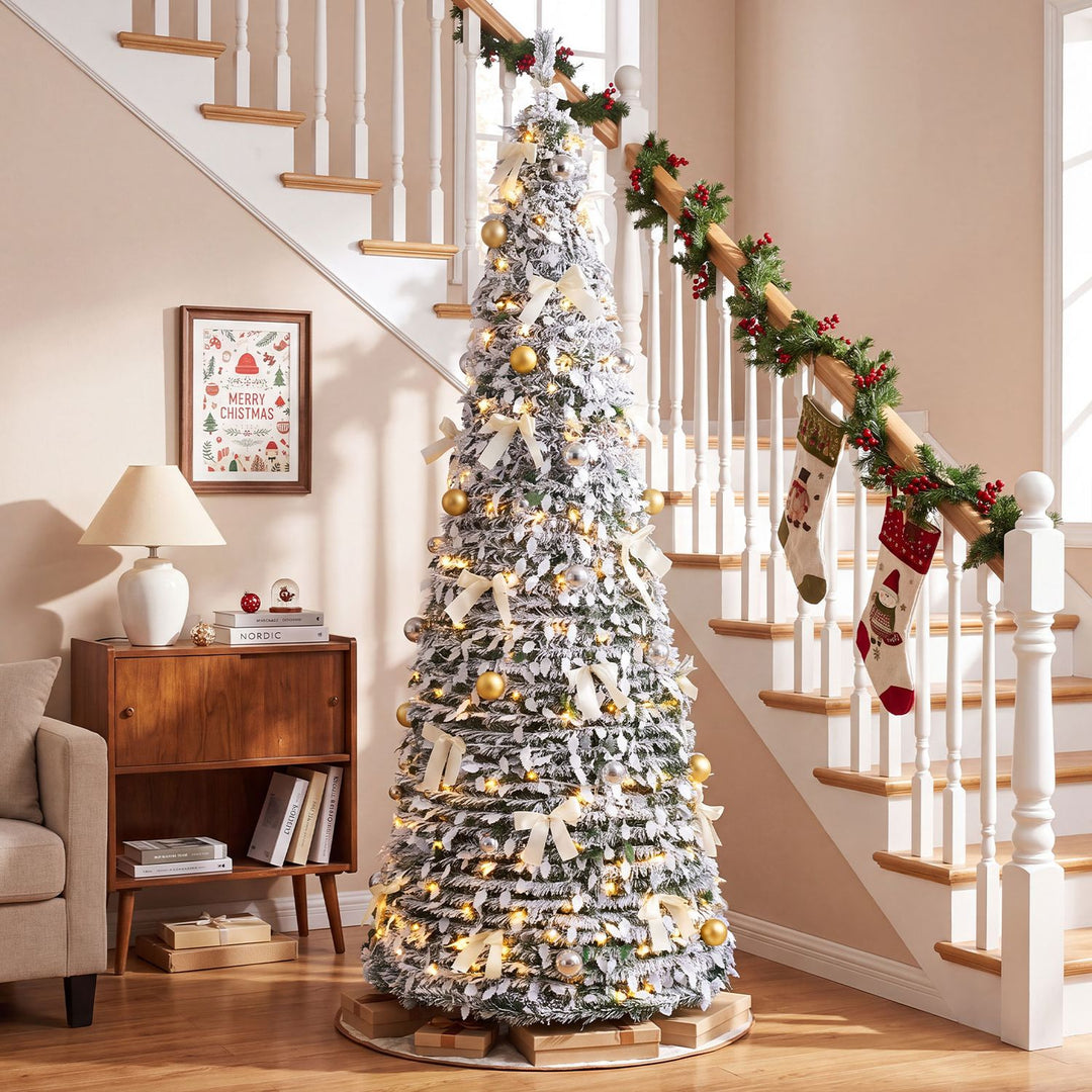 6 ft Pop Up Flocked Christmas Tree with 20/30 Christmas Bows and 35 Christmas Balls