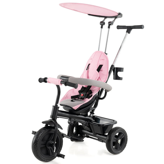 7-in-1 Baby Stroller Tricycle with Adjustable Canopy and Foldable Footrests for Ages 9-60 Months Old