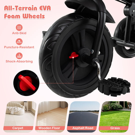 7-in-1 Baby Stroller Tricycle with Adjustable Canopy and Foldable Footrests for Ages 9-60 Months Old