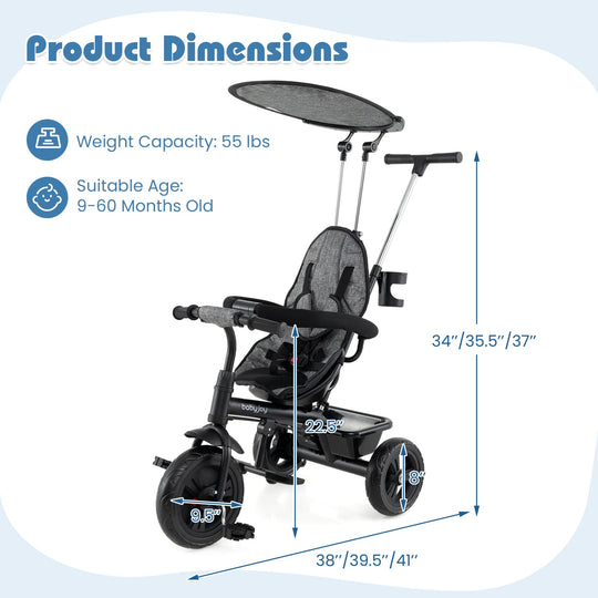 7-in-1 Baby Stroller Tricycle with Adjustable Canopy and Foldable Footrests for Ages 9-60 Months Old