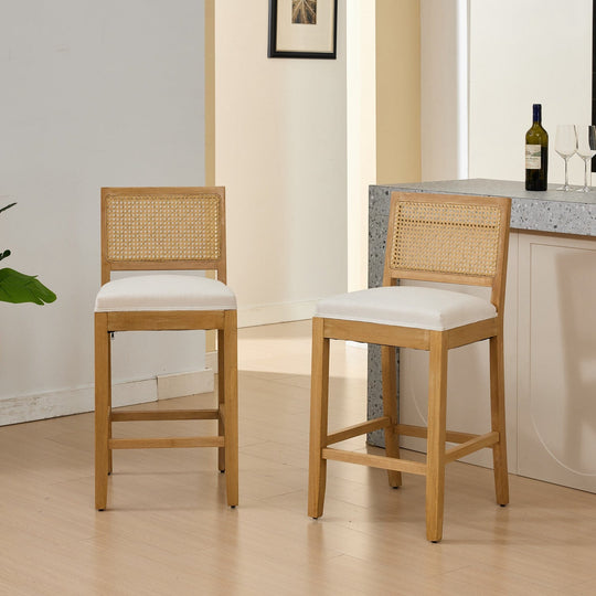Solid Rubberwood Rattan Back Counter Stools Set of 2