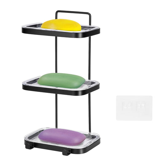 Soap Dish Soap Bar Holder Square Soap Rack Wall Mounted S Bar Shower Bathroom Self with 2 Hooks Clear Trays
