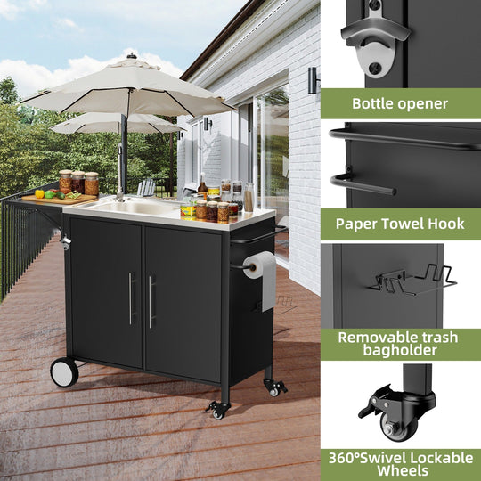 Outdoor Grill Cart with Sink, Storage & Fold-Down Side Table