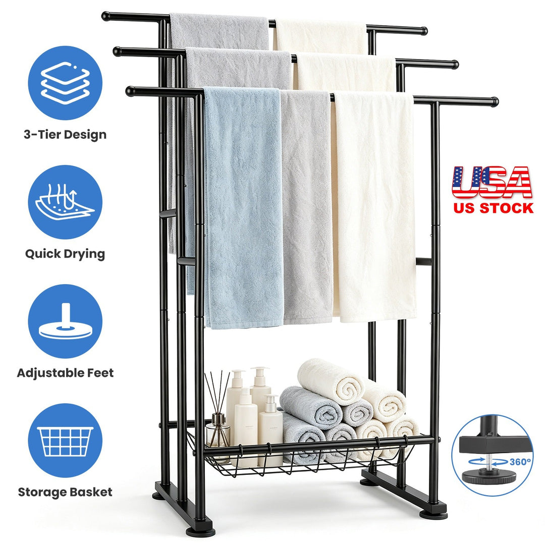 3-Tier Freestanding Towel Rack with Storage Basket - Black