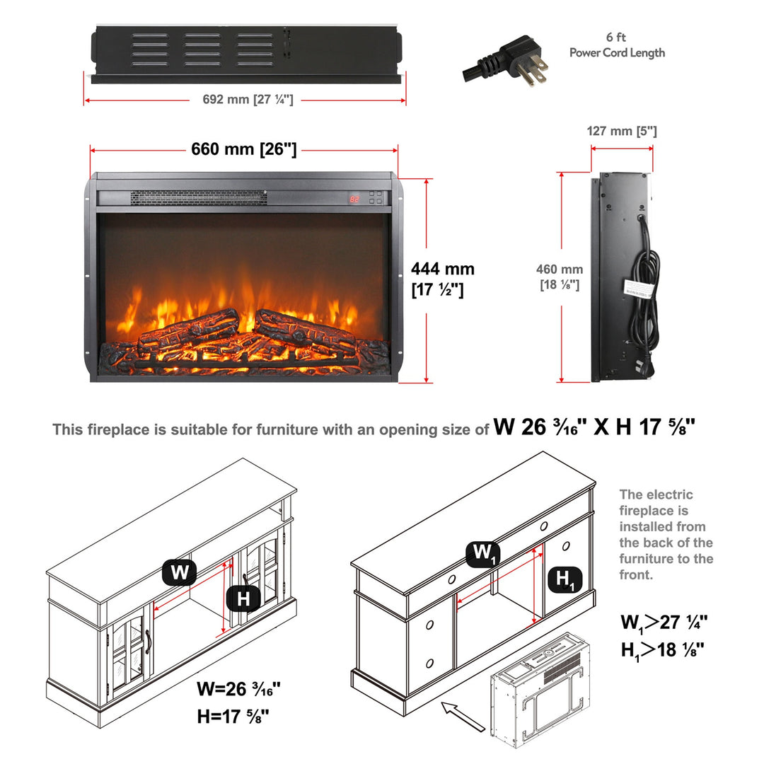 5000 BTU 26 Inch Electric Fireplace Insert with Remote Control, 1400W Electric Fireplace Heater with Realistic Flame Eff