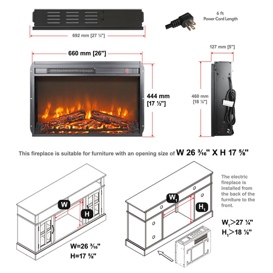 5000 BTU 26 Inch Electric Fireplace Insert with Remote Control, 1400W Electric Fireplace Heater with Realistic Flame Eff