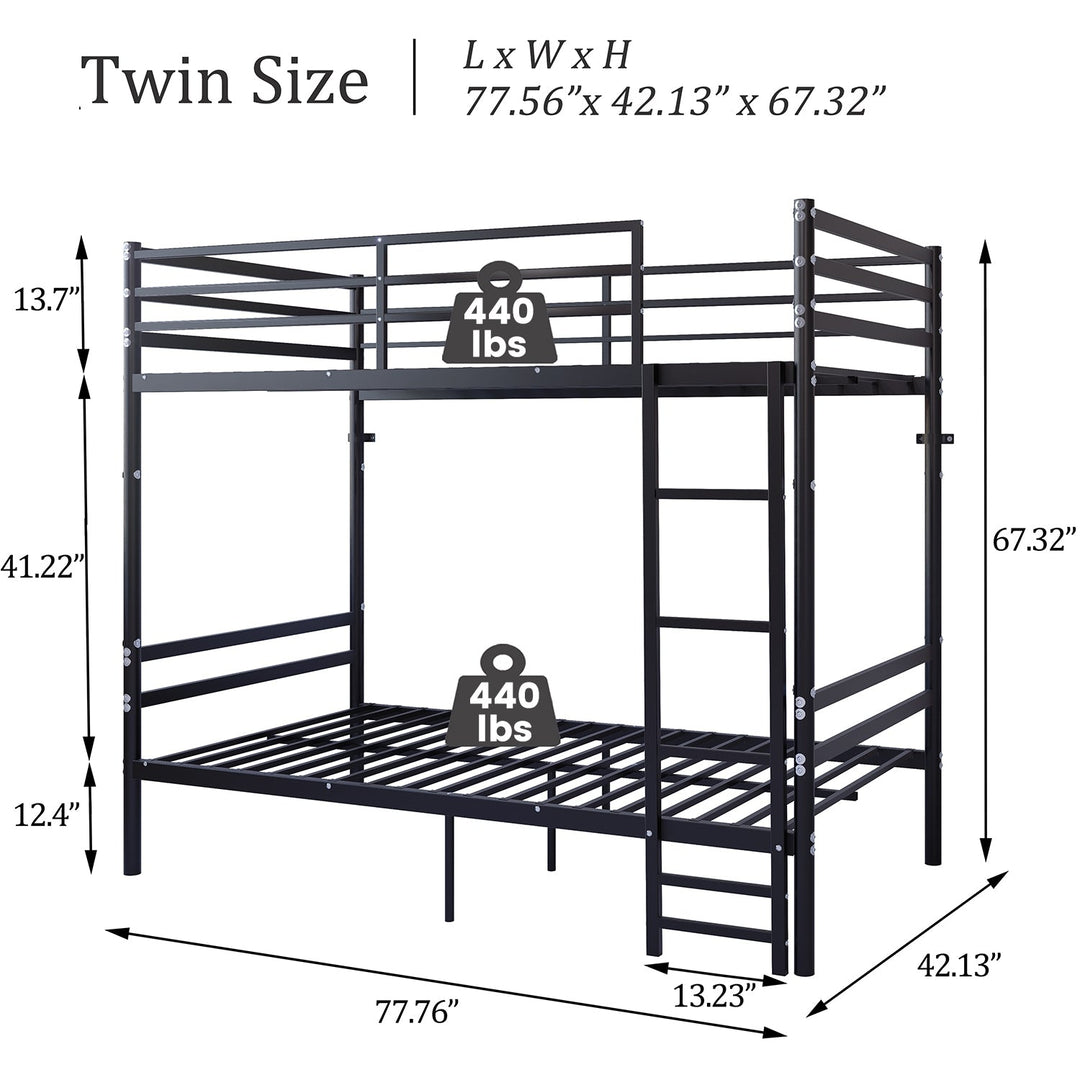 Twin Over Twin Metal Bunk Bed with Ladder and Guardrails
