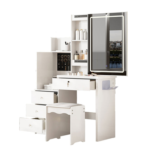 White Vanity Desk Set with LED Lighted Mirror & Padded Stool