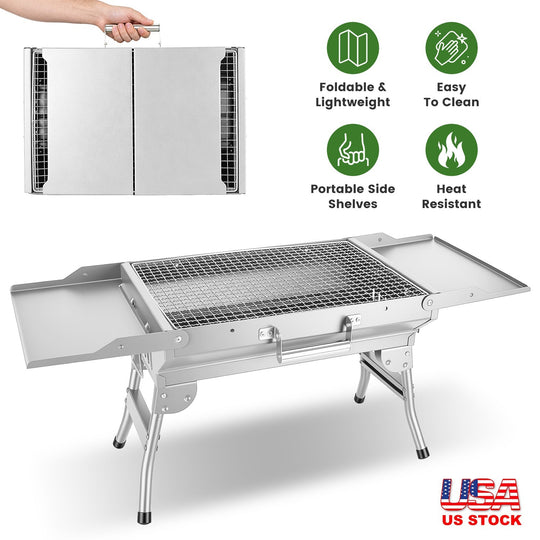 Foldable Charcoal Grill with Storage Shelf and 10 Skewers
