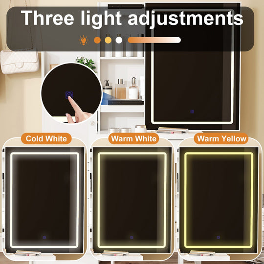 White Vanity Desk Set with LED Lighted Mirror & Padded Stool