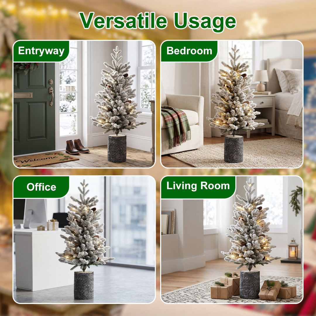 2FT Pre-Lit Flocked Christmas Tree with Pot & Pine Cones