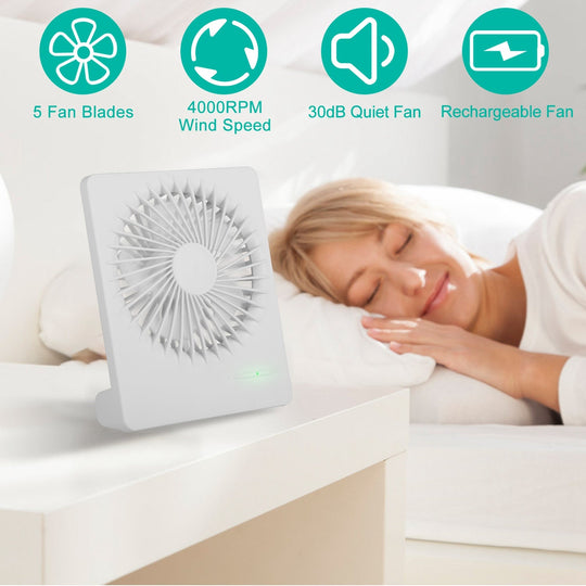 Portable Desk Fan USB Rechargeable Table Cooling Fan Quiet 5 Blades Desktop Fan with 3 Speeds Ajustment for Bedroom Office