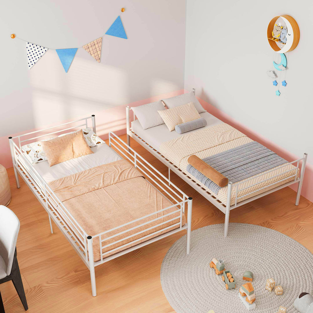 Twin Over Twin Metal Bunk Bed with Ladder and Guardrails