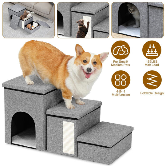 3 Step Pet Stair 4-IN-1 Foldable Dog Ramp Non-Slip Cat Storage Ladder with Scratcher Storage and Pet House for Old Pet Small/Medium Dog/Cat 165LBS Max