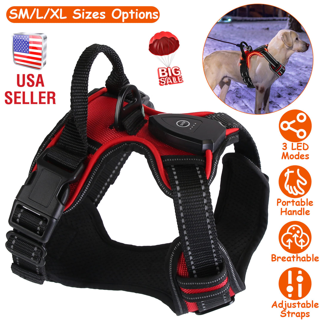 Light Up Dog Harness Rechargeable LED Dog Harness No Pull Lighted Dog Vest with Handle for Small/Medium/Large Dogs
