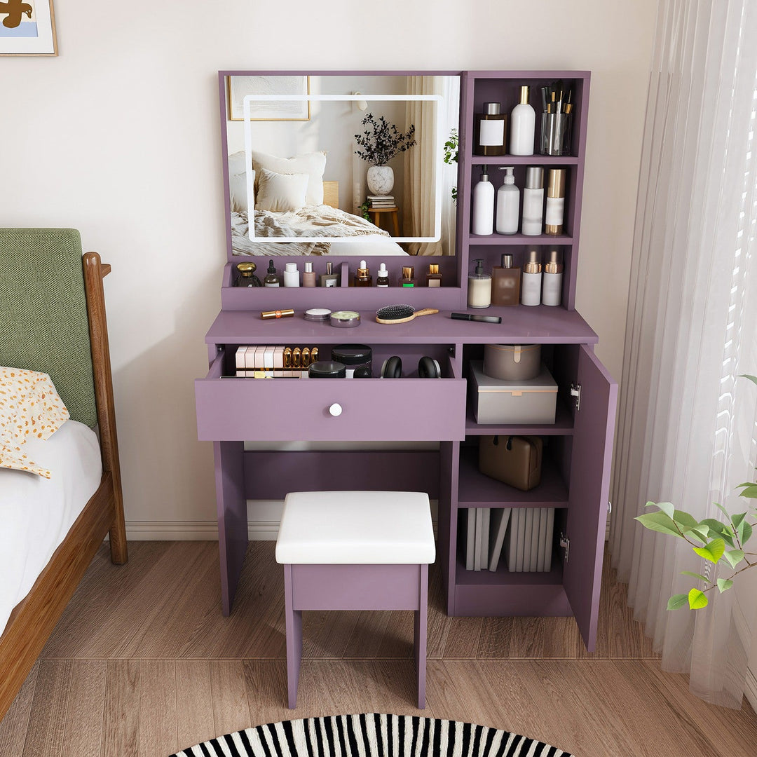 Purple Vanity Desk with Lighted Mirror & Padded Stool