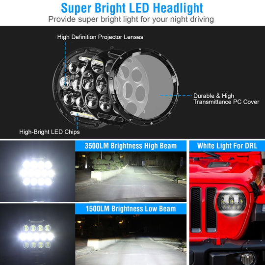 2Pcs 7In 75W Round LED Headlight 3500LM Halo Car Headlamp with DRL High Low Beam for Jeep Wrangler TJ JK CJ with H4 to H13 Adapters Plug and Play