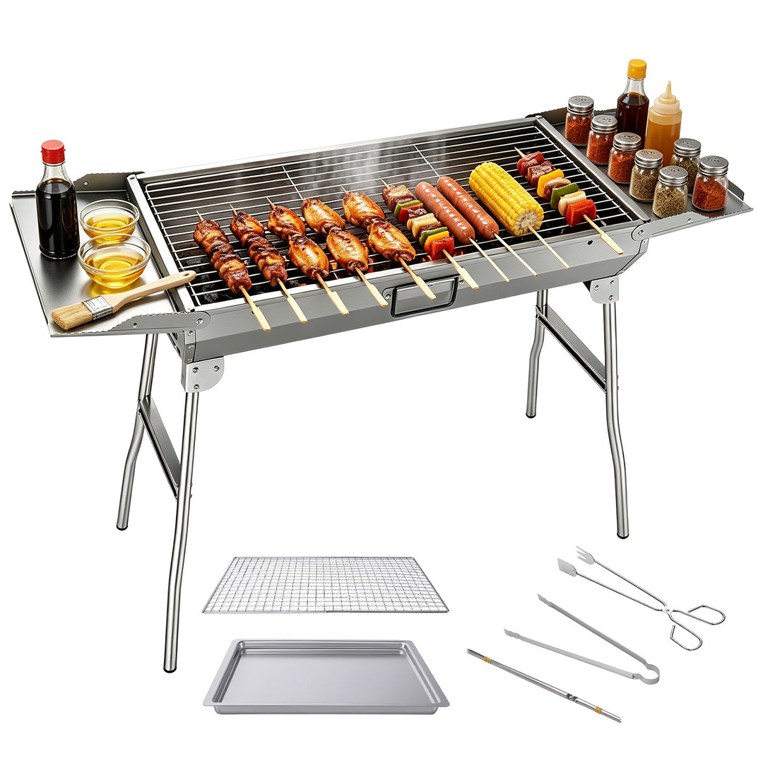 Portable Charcoal Grill with Folding Legs & Side Trays Stainless Steel Outdoor BBQ Grill with Large Cooking Grate Charco