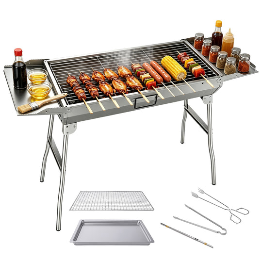 Portable Charcoal Grill with Folding Legs & Side Trays Stainless Steel Outdoor BBQ Grill with Large Cooking Grate Charco