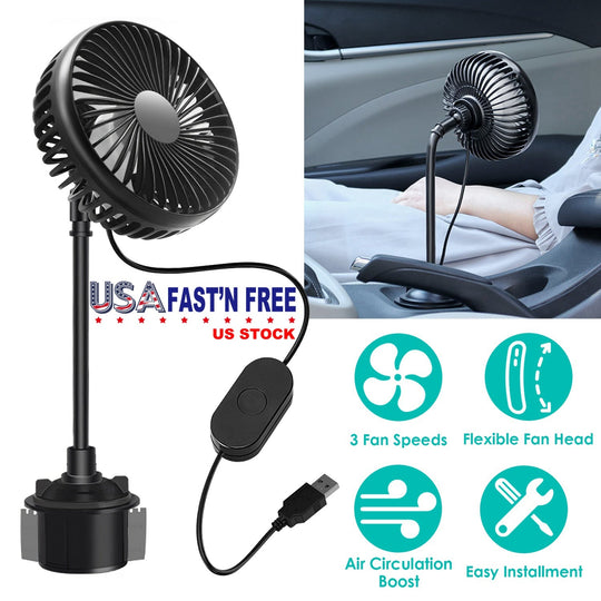 Car Cooling Fan Portable Car Cup Holder Fan Adjustable Gooseneck Fan with 3 Speeds for Car Van Truck SUV RV
