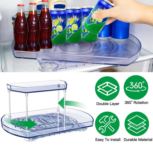 2 Tier Turntable Organizer Rectangular Refrigerator Spinner Storage Rack with 360¡ Rotatable Slide Rail for Kitchen Cabinet Countertop
