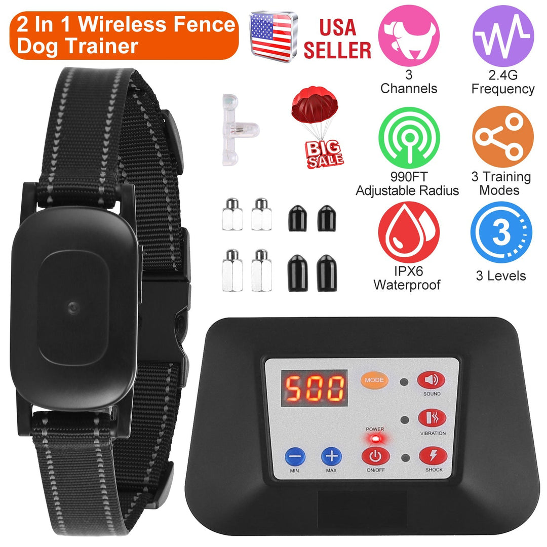 990FT Radius Dog Training Collar Wireless Fence IPX6 Waterproof Pet Beep Vibration Electric Shock Fence System 3 Channels Rechargeable Transmitter Rec