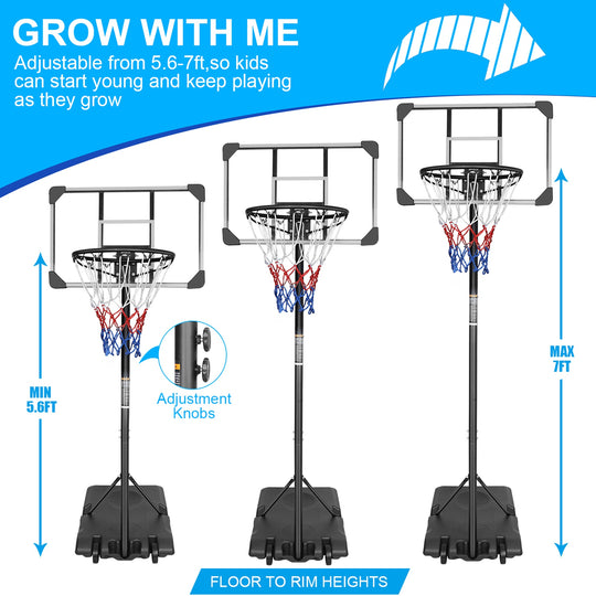 Portable Kids Basketball Hoop with Wheels, Height Adjustable 5.6 to 7ft Basketball Goal System Indoor Outdoor for Kids T