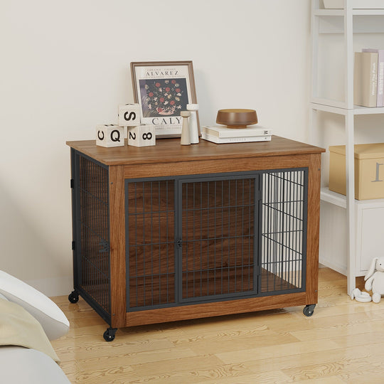 Dog Crate Furniture with Lockable Wheels & Dual Doors